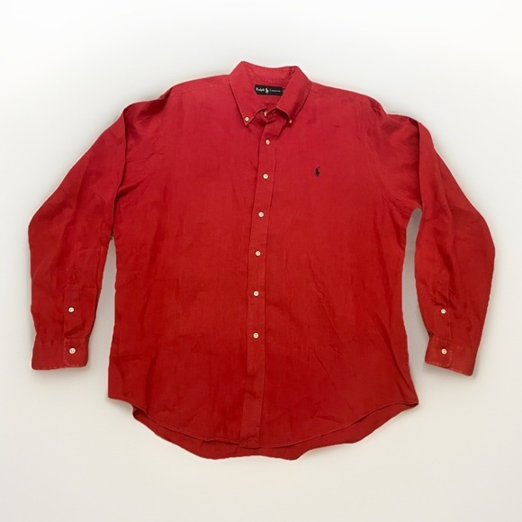 Vintage 90s Polo Ralph Lauren 100% Linen Button Down Shirt XL Red Burgundy Pony - Picture 1 of 10